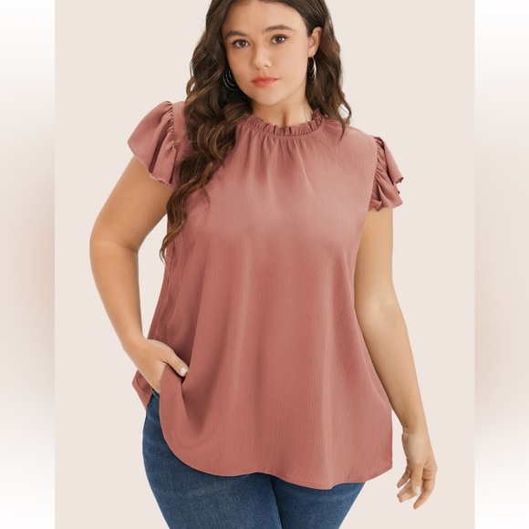 Bloomchic Plus Size XL Plain Mock Neck Cap Sleeve Ruffle Trim Mint Blouse us14 - Picture 1 of 4